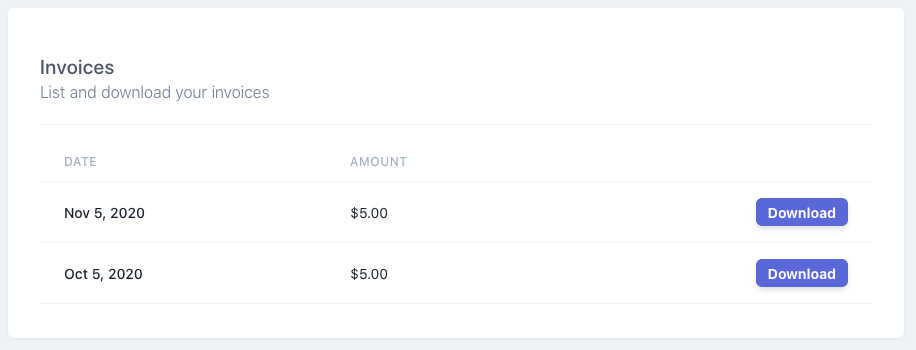 Settings page invoices section