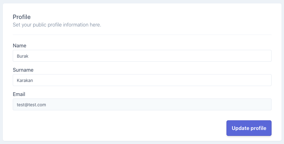 Settings page profile section