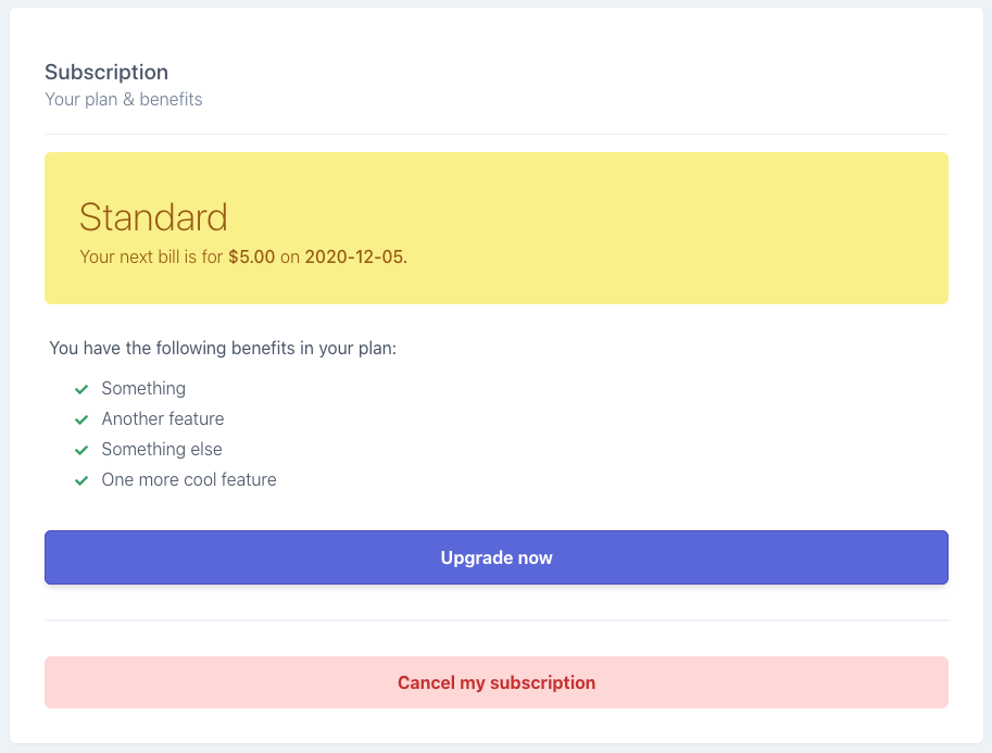 Settings page subscription details